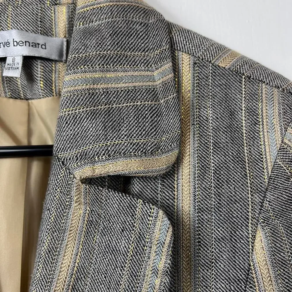 Harvé Bernard Gray & Gold Striped Linen Blend Tie Front Blazer, Size 8